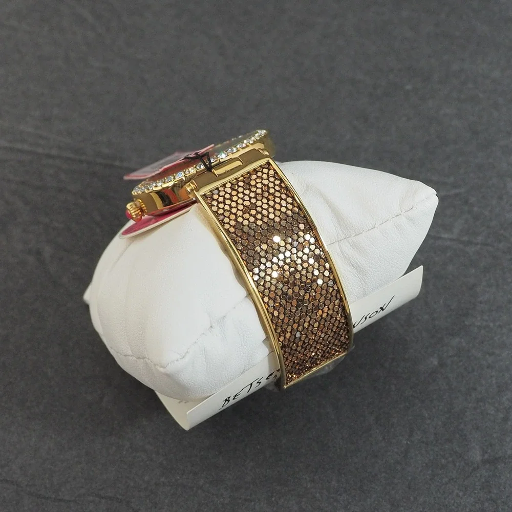 Betsey Johnson Watch Gold Glitter Cuff Rhinestone Bezel Glam Bling Statement
